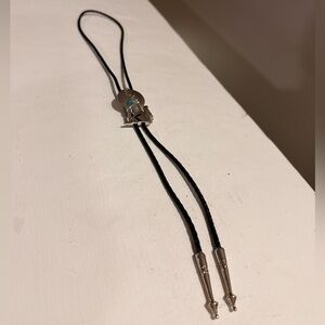 Vintage Wolf Bolo Tie Silver Tone Turquoise Inlay Western Leather Cord Signed